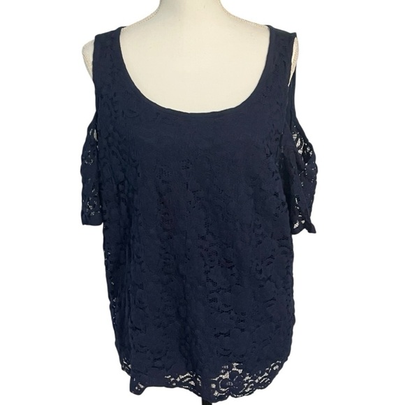 New York & Company Tops - New York & Company Navy Lace Cold Shoulder Blouse sz XL EUC